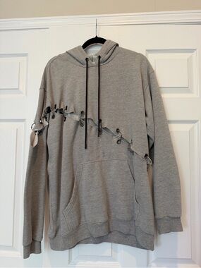 Emma & Sam Distressed Pierced Grommet V-Neck Oversized Hoodie Grey M